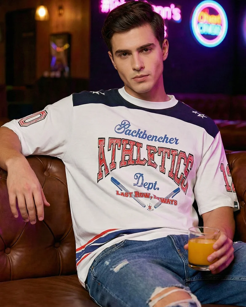 بيواكوف Men's Bright White Backbencher Dept Typography Oversized T-shirt